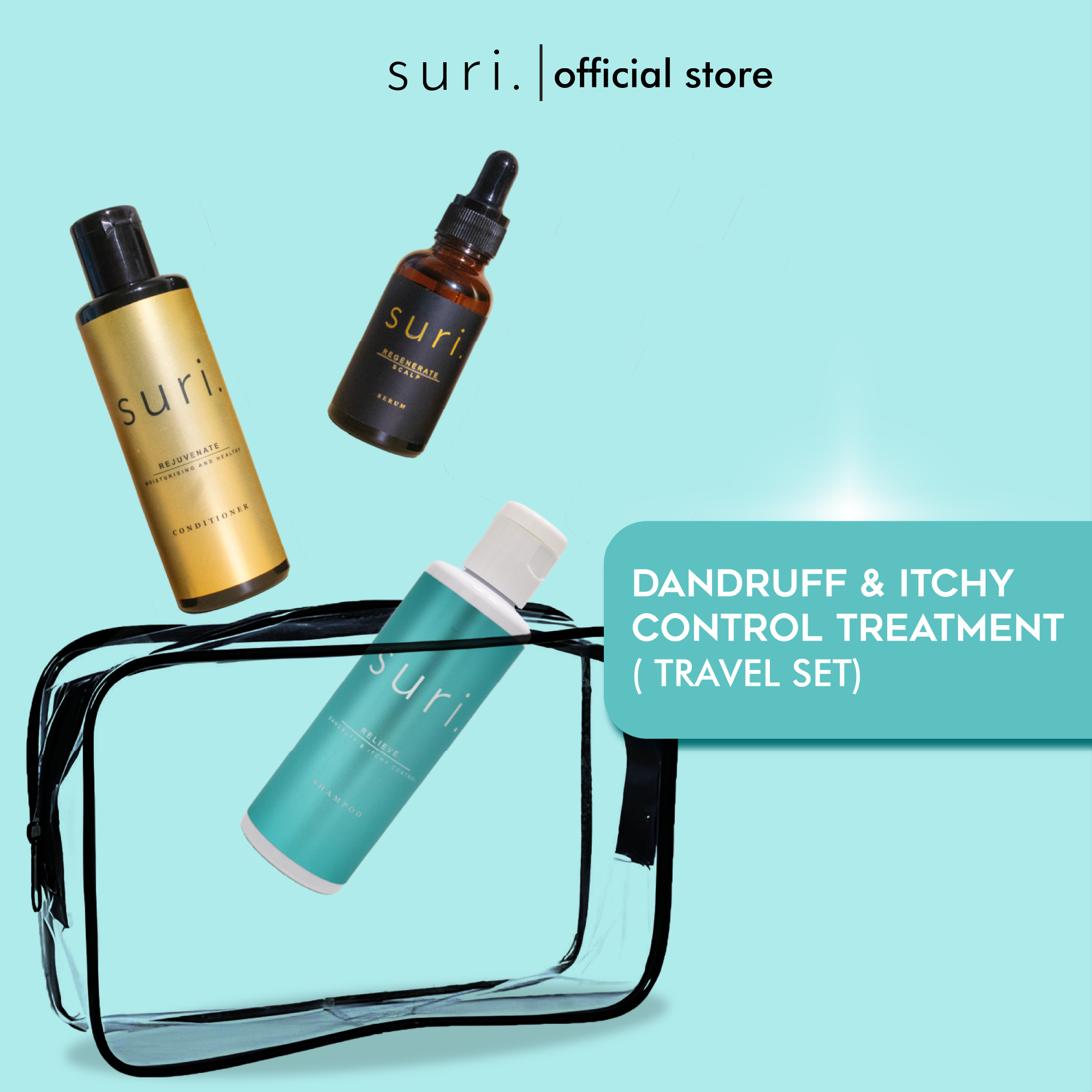 Suri Dandruff & Itchy Control Treatment Travel Set - Shampoo (100ml) + Conditioner (100ml) + Scalp Serum (30ml)