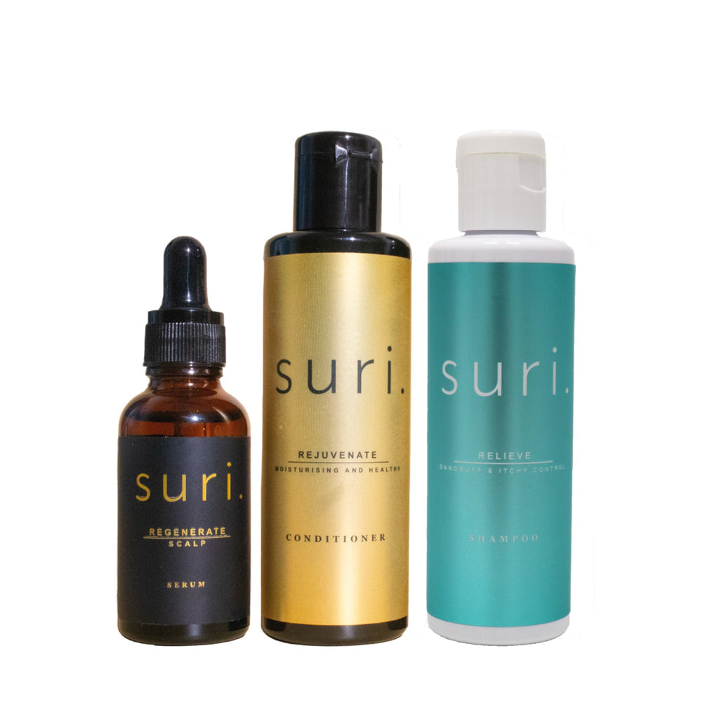 Suri Dandruff & Itchy Control Treatment Travel Set - Shampoo (100ml) + Conditioner (100ml) + Scalp Serum (30ml)