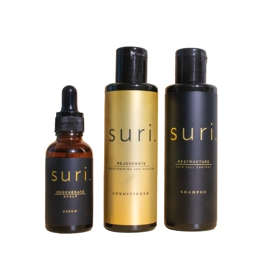 Suri Hair Fall Control Treatment Travel Set - Shampoo (100ml) + Conditioner (100ml) + Scalp Serum (30ml)